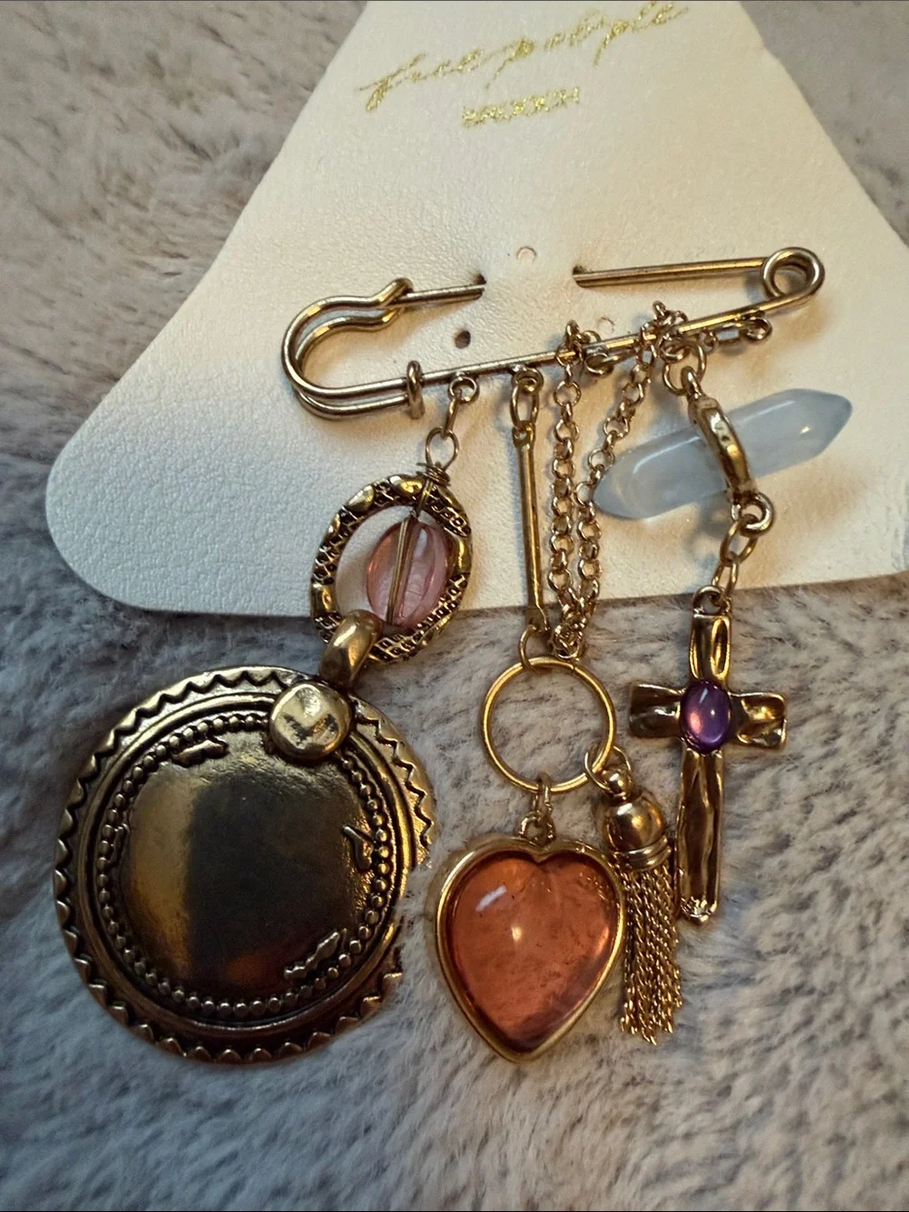 Free People Gold-Tone Charm Brooch with Pink Heart and Blue Beads